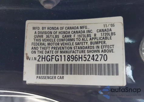 2006 Honda Civic Ex z USA, uszkodzony, nr VIN 2HGFG11896H524270